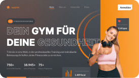 Fitness-Webseite mit motivierender Überschrift und Bild einer lächelnden Frau mit Trainingsgewichten.