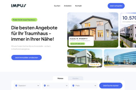 Webseite mit Immobilienanzeigen und einer Suche nach Traumhäusern.