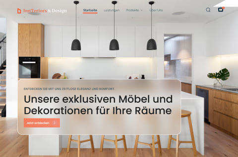 Moderne Küche auf einer Einrichtungs-Webseite mit Werbetext.
