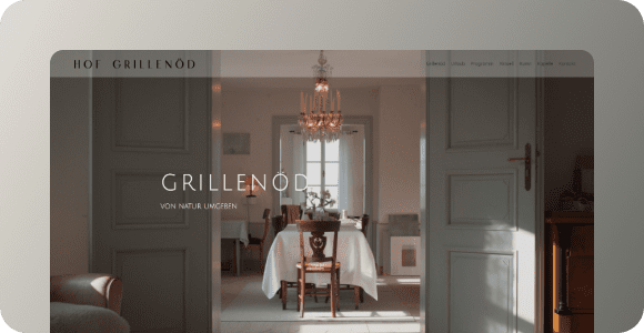 Elegantes Webdesign für einen Hof mit dem Namen "Hof Grillenod" und einem stilvollen Speisesaal im Hintergrund.