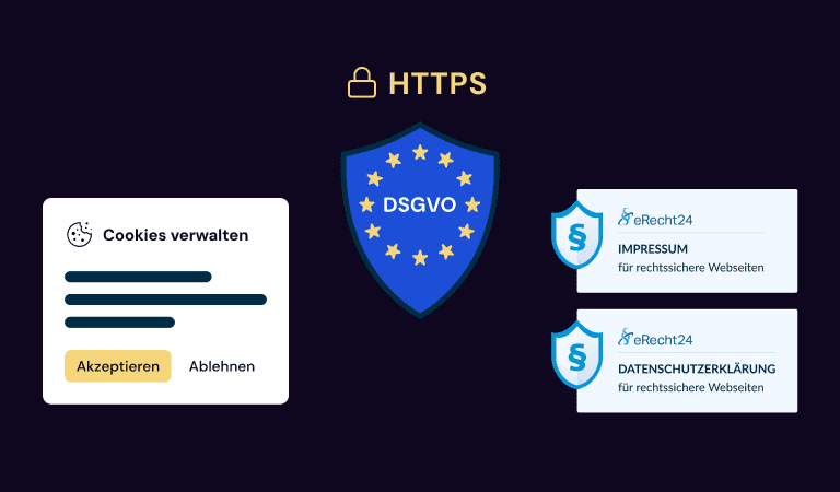 Webseiten-Elemente zur Darstellung von Datenschutzmaßnahmen, einschließlich Cookie-Management, DSGVO-Konformität und rechtlichen Hinweisen.