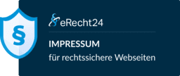 Ein blaues Schild mit dem Text "eRecht24 Impressum für rechtssichere Webseiten" in weißer Schrift.