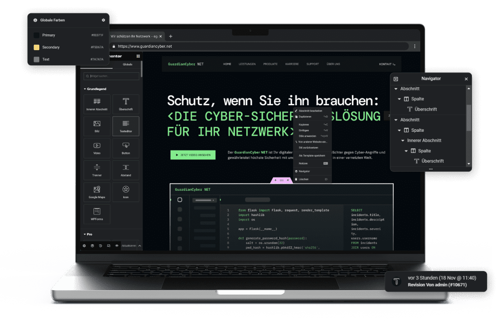 Laptopbildschirm, der einen Webseiten-Editor mit Code und Design-Elementen anzeigt.