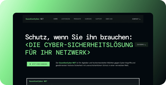 Dunkles Webdesign einer Cyber-Sicherheitslösung mit grünen Akzenten und dem Slogan "Schutz, wenn Sie ihn brauchen".