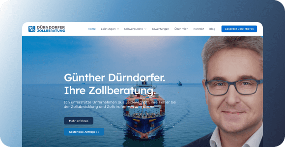 Webseite einer Zollberatungsfirma mit dem Porträt von Günther Dürndorfer vor einem maritimen Hintergrund.