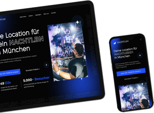 Tablet und Smartphone, die eine Event-Webseite mit dem Titel „Die Location für dein NACHTLEBN in München“ anzeigen.