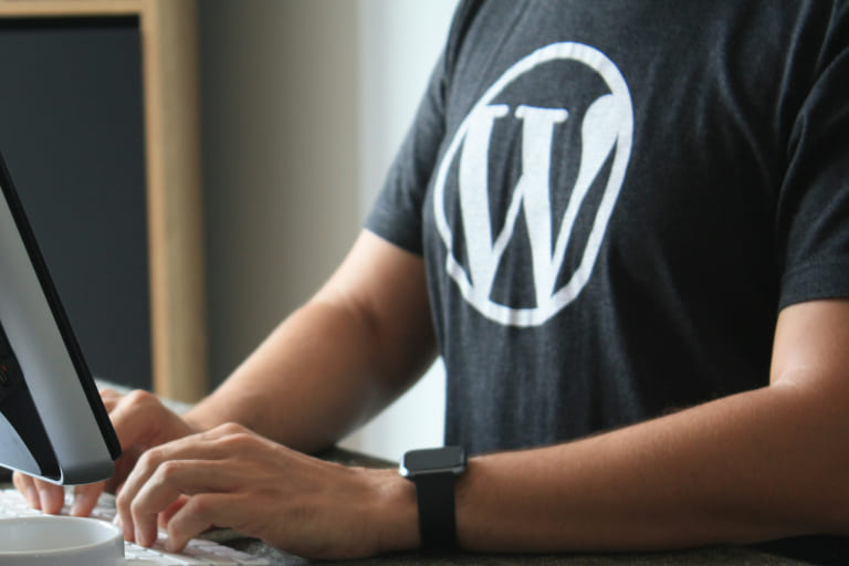 Person am Computer mit einem T-Shirt, das das WordPress-Logo zeigt.